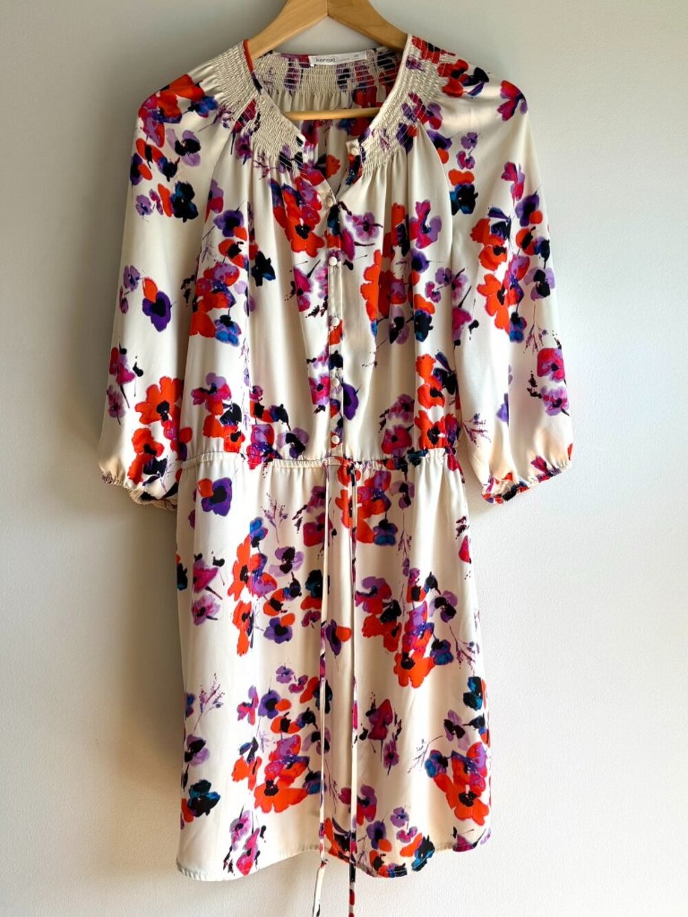 Kensie Vibrant Boho Cream/ Multi Floral Smocked Mini ShirtDress/ Tunic — Size 10